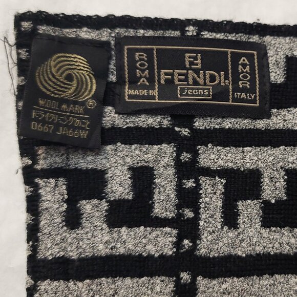 Vintage FENDI Black & Silver Monogram & Geometric Print Scarf with Black Fringes - Picture 7 of 8